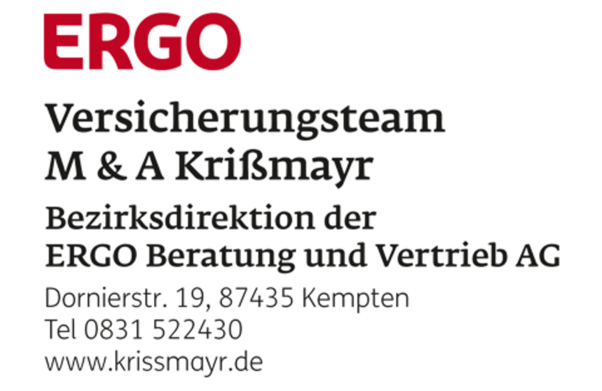 Logo und Kontaktdaten des ERGO Versicherungsteams M & A Krissmayr in Kempen.