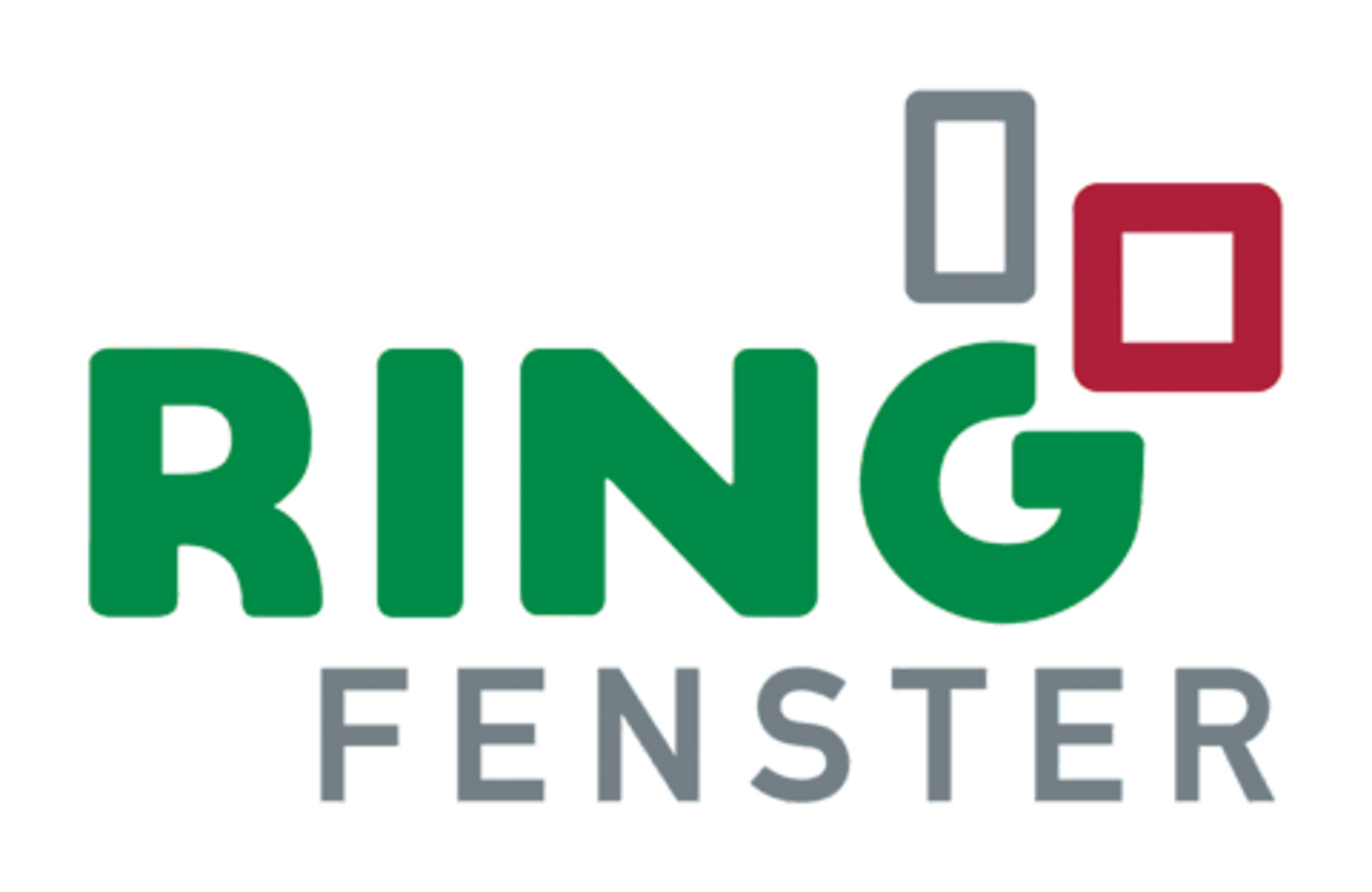 Logo von Ring Fenster mit grünen und roten Elementen sowie grauer Schrift.
