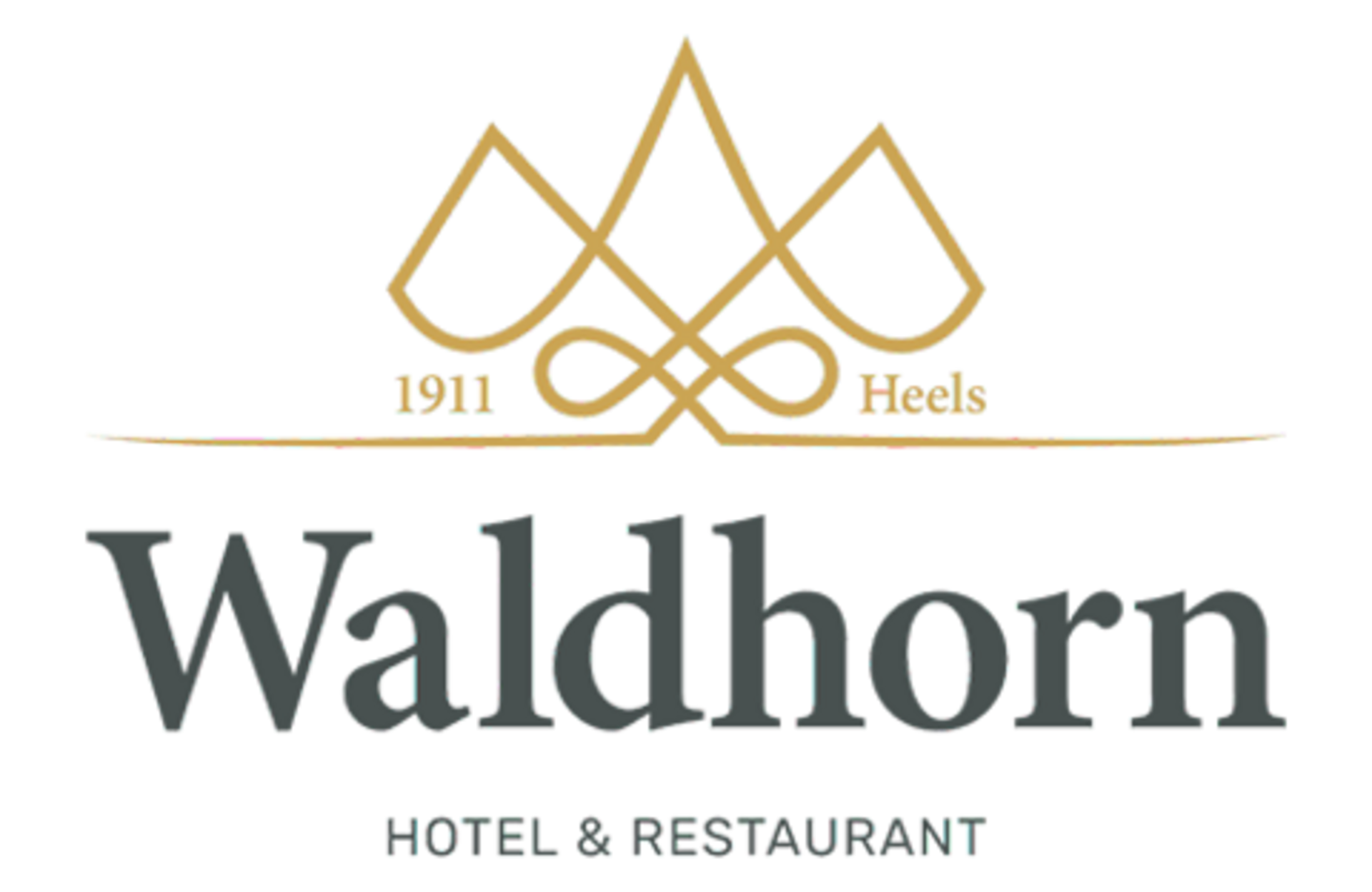 Logo des Waldhorn Hotels und Restaurants mit stilisierten Hornsymbolen und Schriftzug.