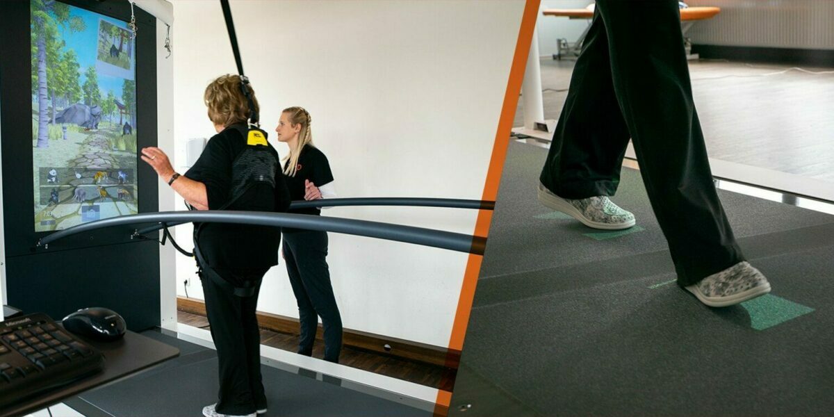 Eine Person läuft auf einem Laufband mit einer interaktiven Bildschirmanzeige im Hintergrund.