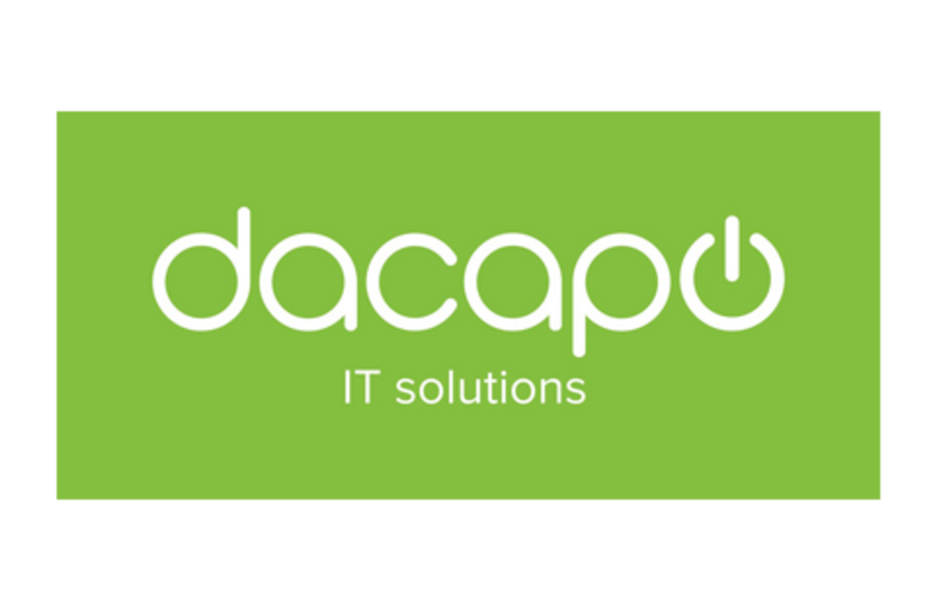 Logo von dacapo IT Lösungen auf grünem Hintergrund mit weißem Text.