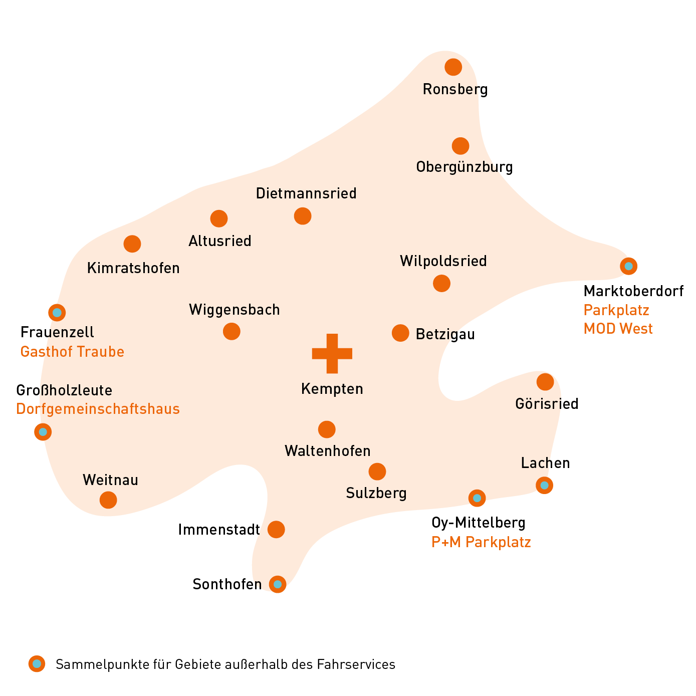 Karte von Kempten mit Sammelpunkten für Fahrservice außerhalb des Stadtgebiets.