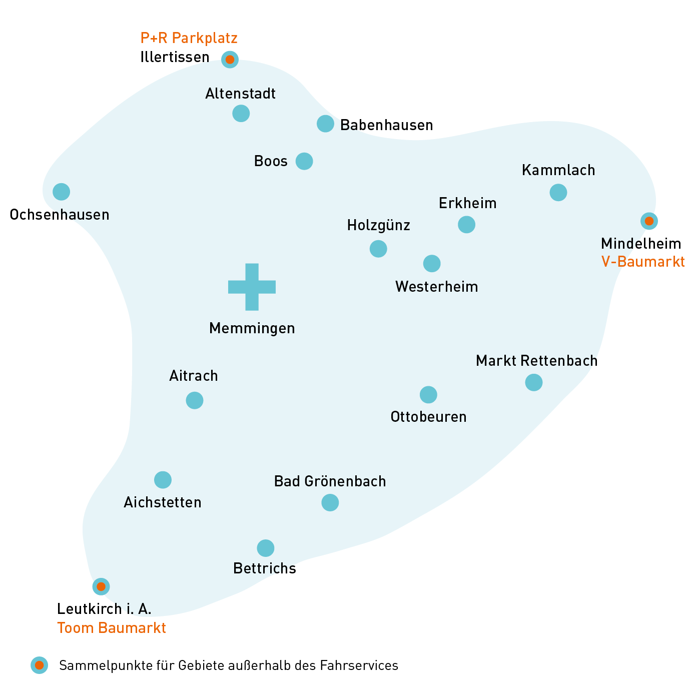 Karte des Fahrservices in Memmingen mit Sammelpunkten und umliegenden Orten.