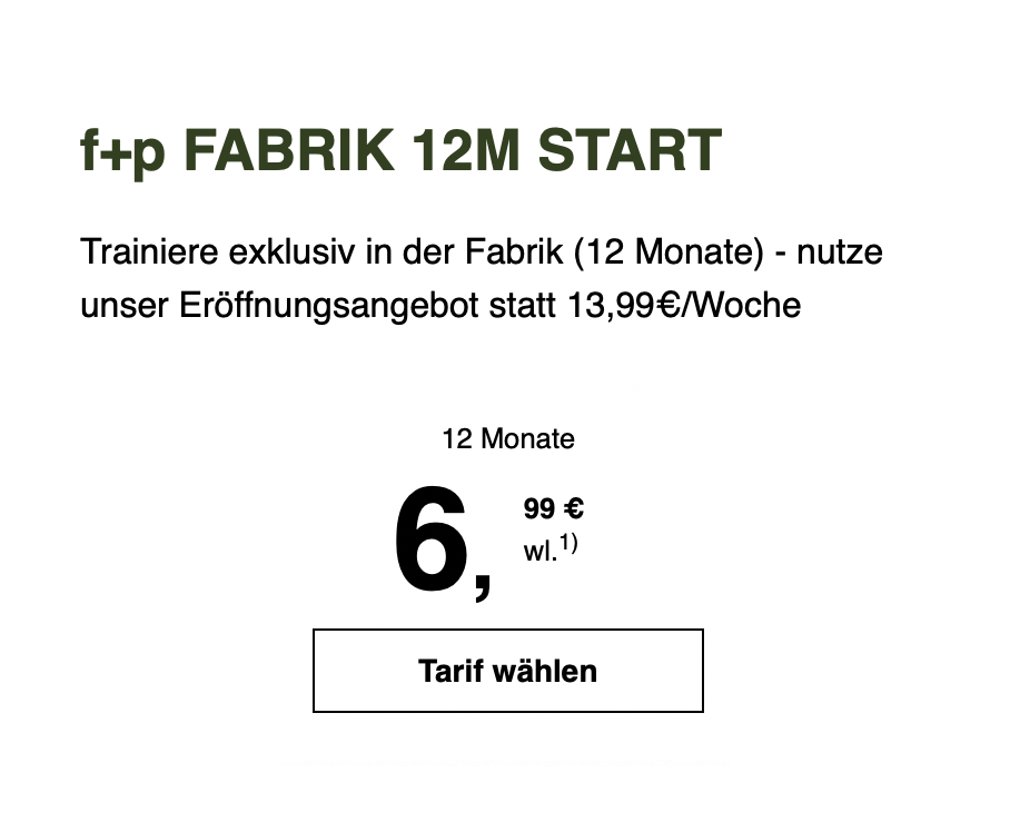 Tarifangebot für ein 12-monatiges Training im f+p Fabrik mit Preisangabe.