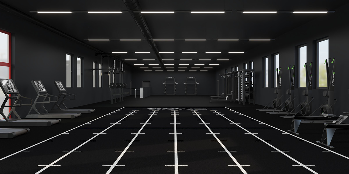 Renderings eines modernen Fitnessstudios mit Laufbändern und Trainingsgeräten in einem dunklen Raum.