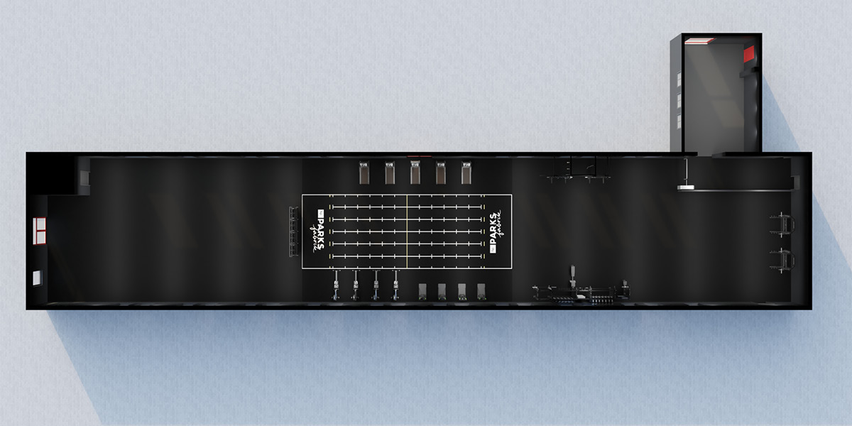 Draufsicht auf eine moderne Fitnessfabrik mit Trainingsgeräten und einem Trainingsbereich.