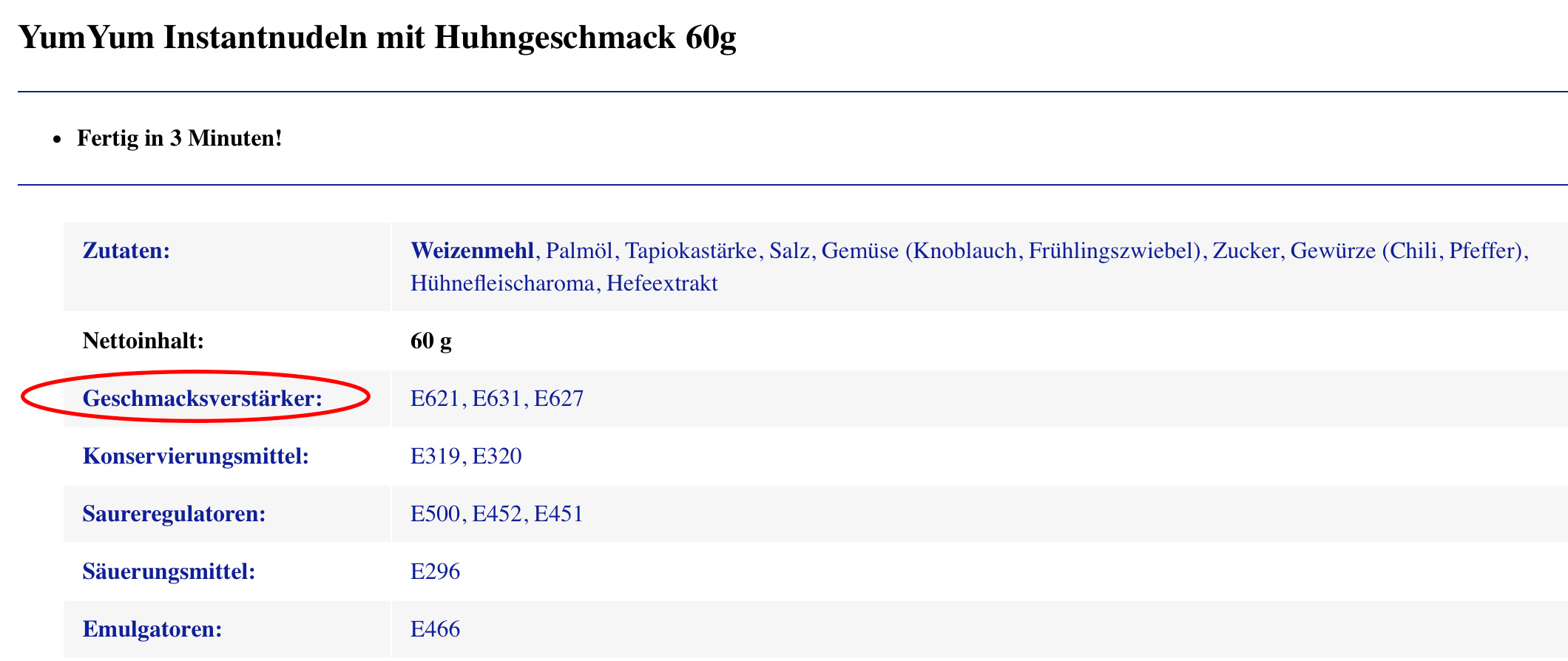 Bildschirmfoto 2026-02-19 um 13.05 YumYum Instantnudeln mit Huhngeschmack, 60g Packung, Zutatenliste und Nährwertangaben auf der Verpackung.