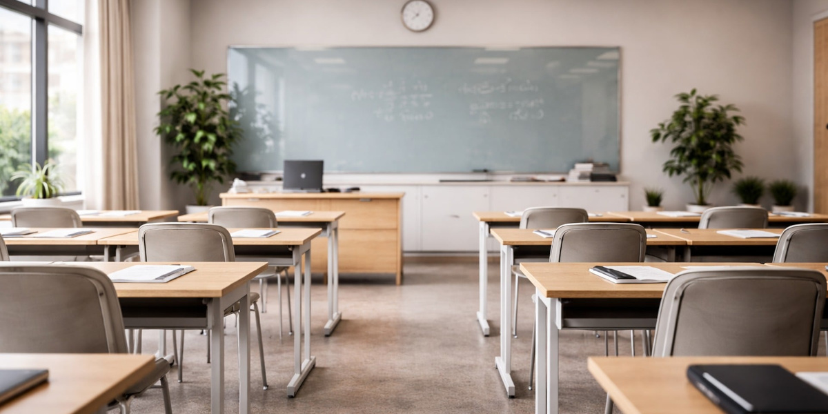 Leeres Klassenzimmer mit Schultafeln, Tischen und Stühlen, passend zum Thema „Mein Kind sitzt krumm“ und Haltung im Schulalltag.