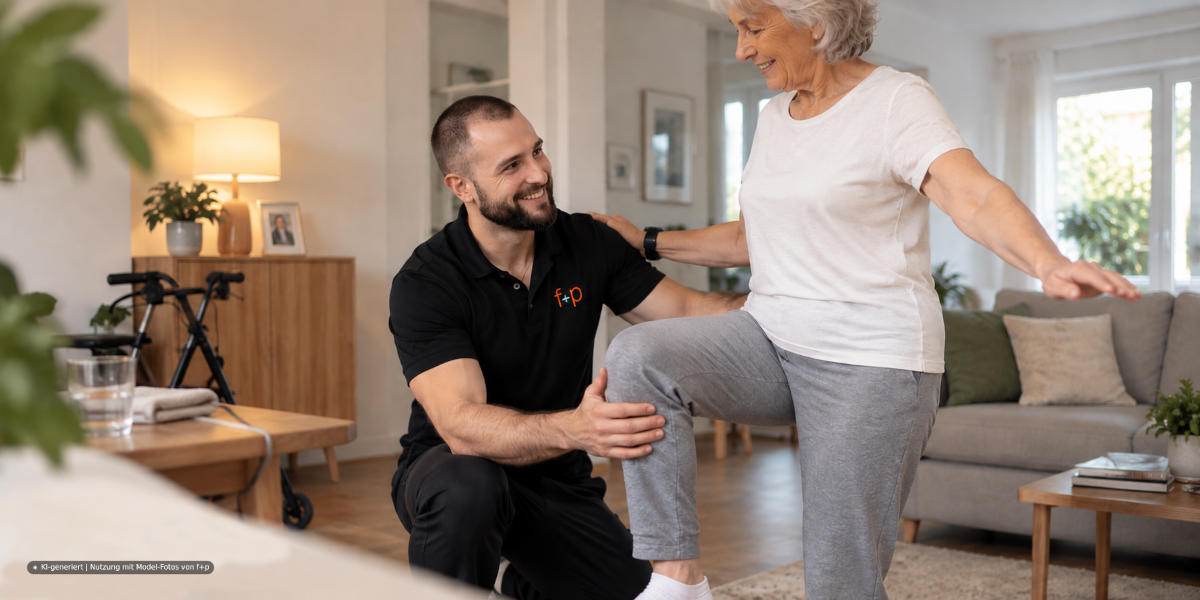 Physiotherapeut unterstützt eine ältere Frau beim einbeinigen Stehen während eines Hausbesuchs in ihrer vertrauten Umgebung