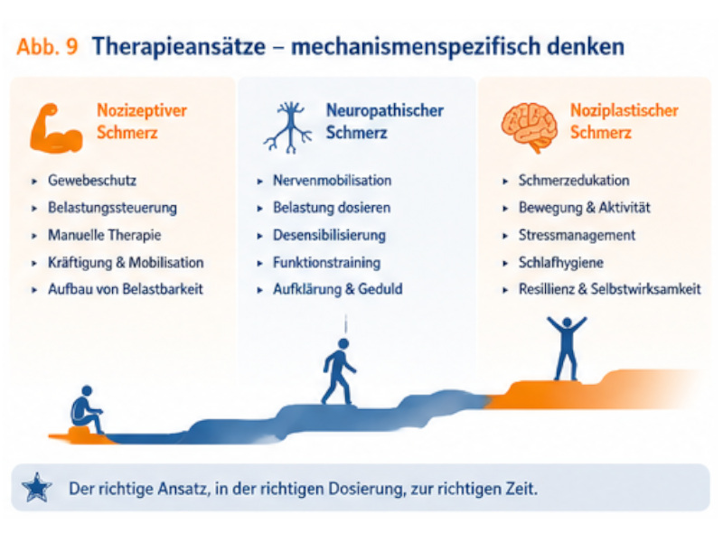 therapieansaetze Grafik zu drei Schmerzmechanismen: nozizeptiv, neuropathisch und noziplastisch, mit passenden Therapieansätzen